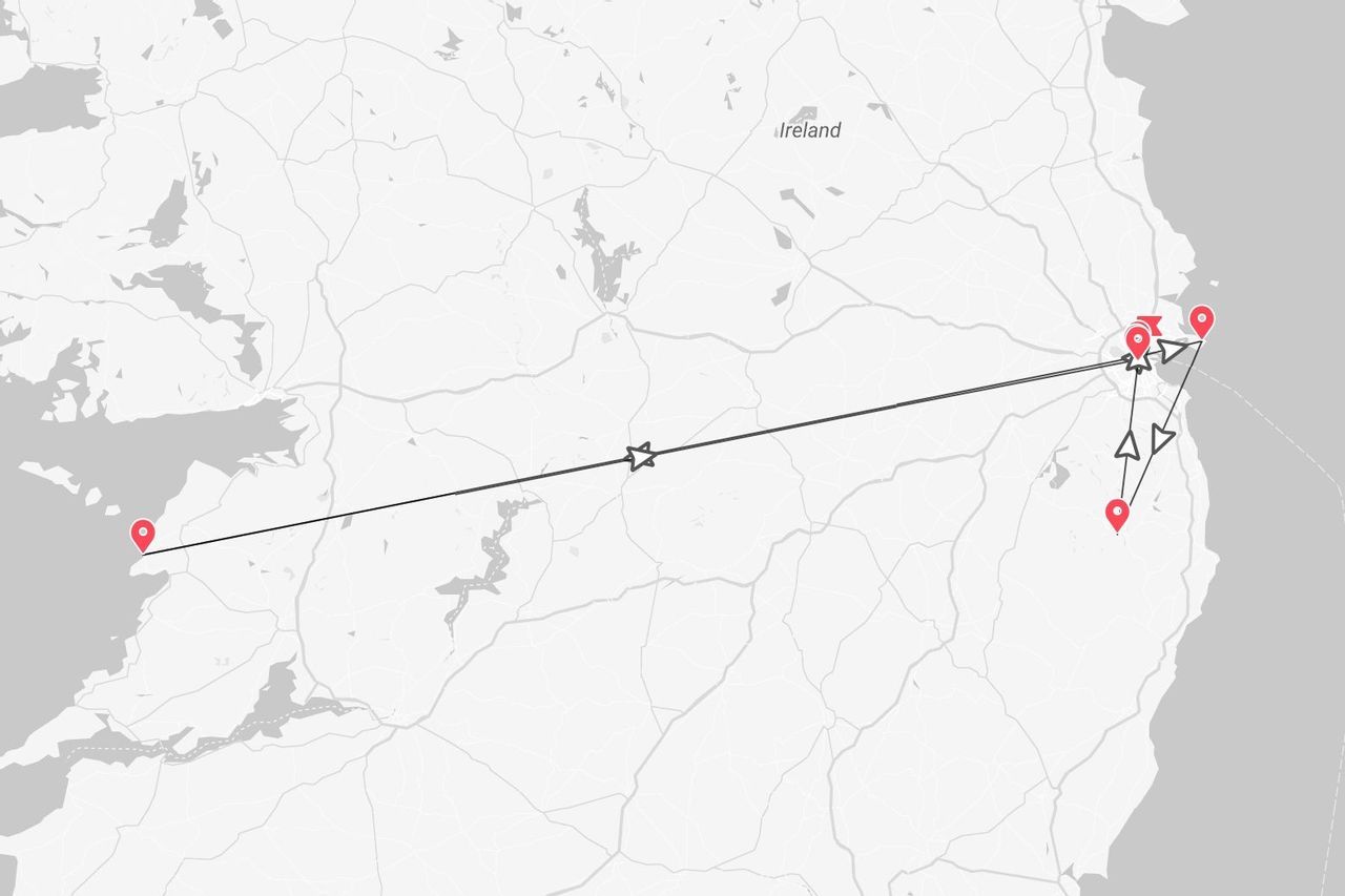 Una mappa in scala di grigi dell'Irlanda che mostra un itinerario di viaggio con indicatori di posizione rossi e linee di collegamento tra le coste occidentali e orientali.