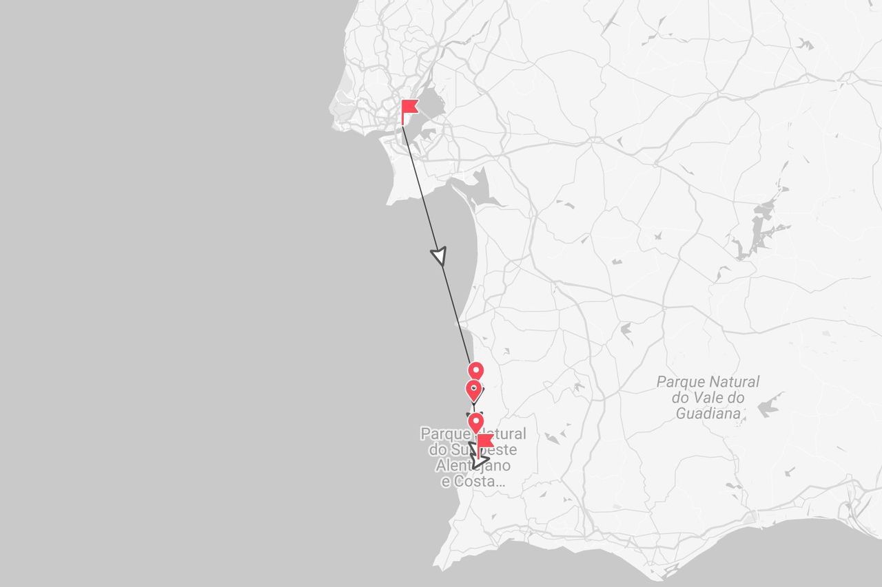 Una mappa che mostra un itinerario di viaggio lungo la costa del Portogallo, passando per il Parque Natural do Sudoeste Alentejano e Costa.