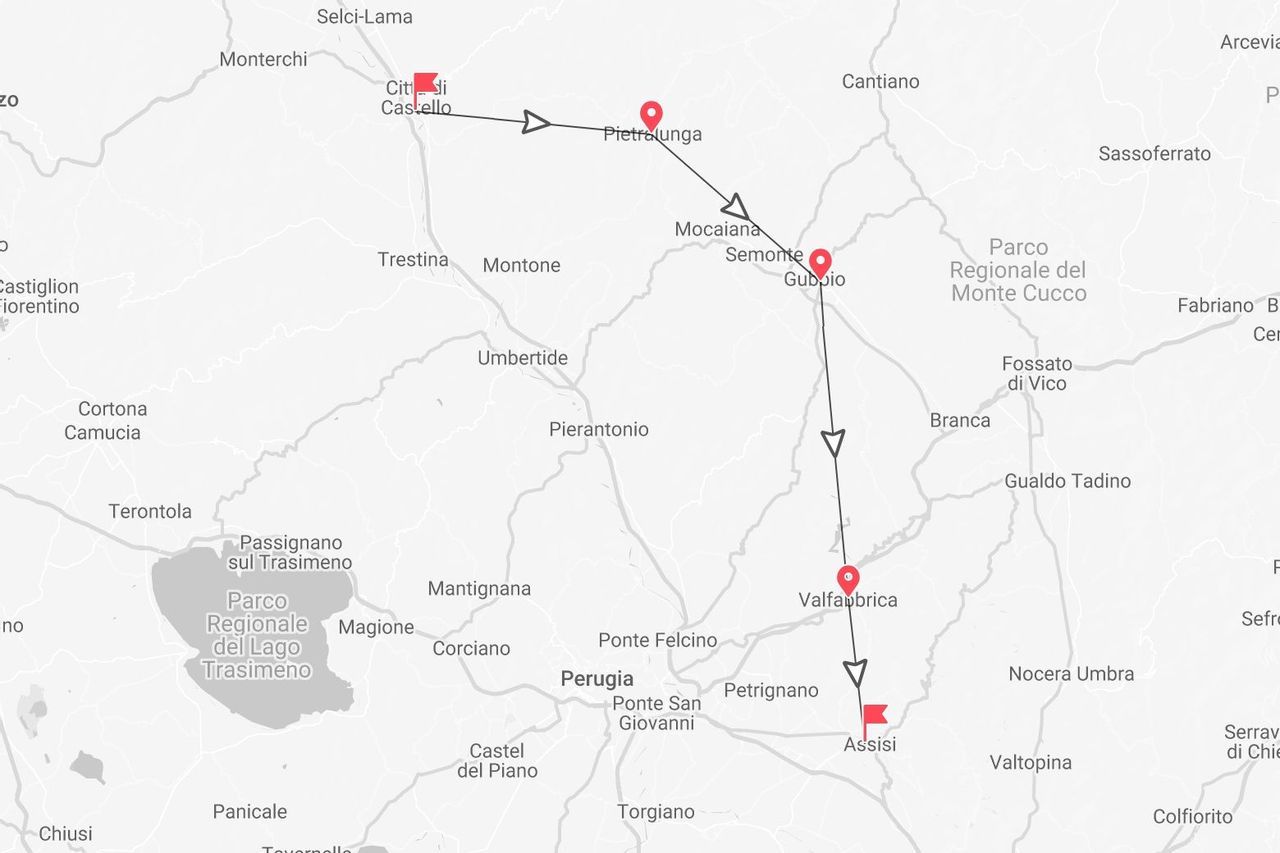 Mappa di un itinerario di viaggio in Italia con partenza da Città di Castello, Pietralunga e Gubbio, fino ad Assisi.