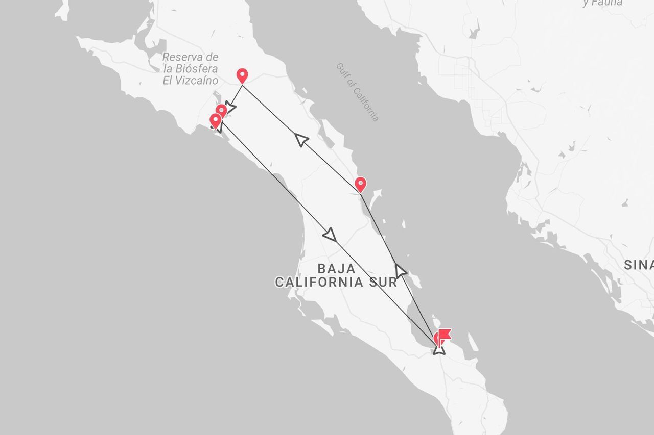 Mappa di un itinerario di viaggio attraverso la penisola della Bassa California del Sud, con il percorso segnato da linee e puntine rosse.