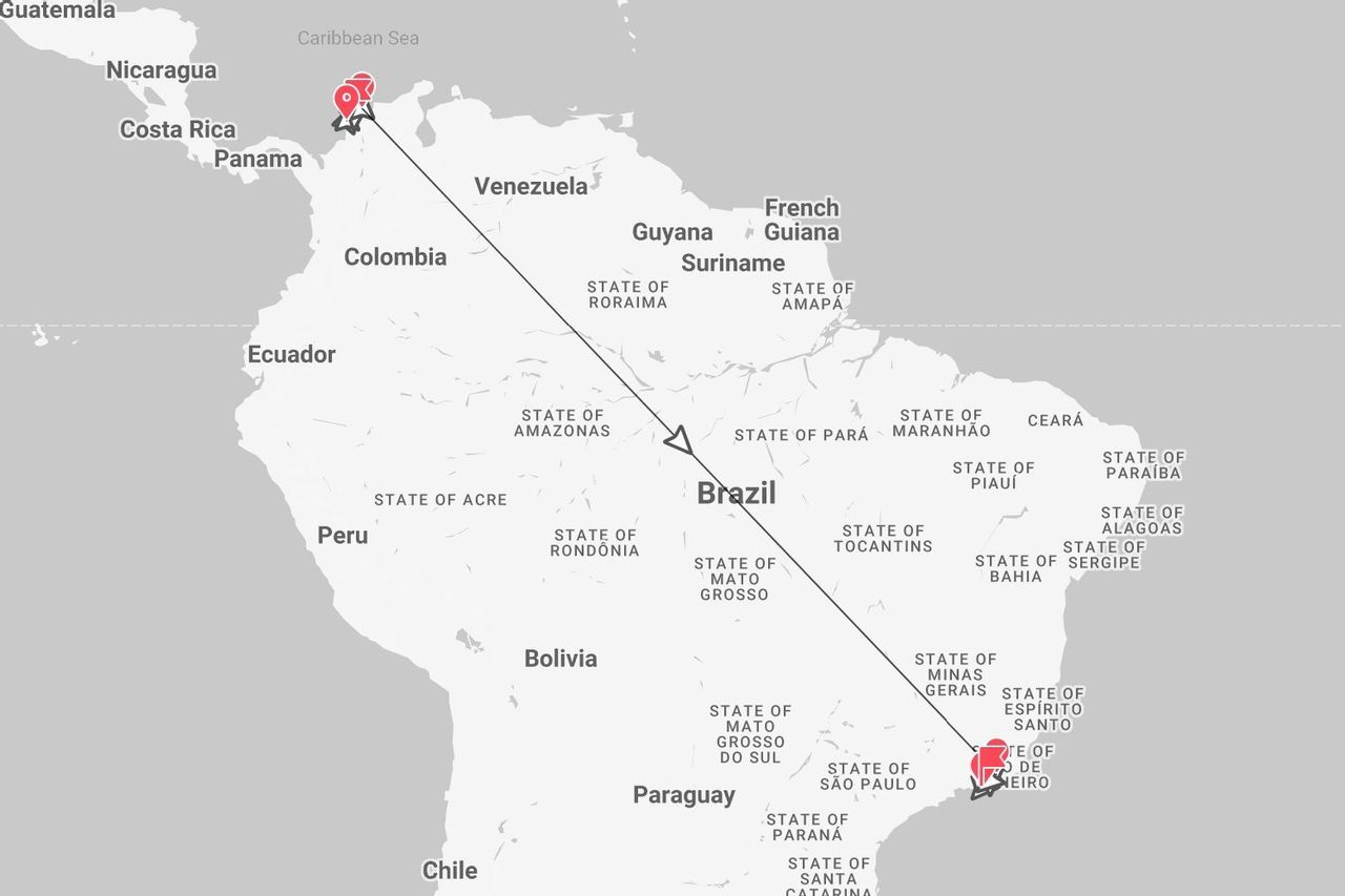 Una mappa del Sud America che mostra un itinerario di viaggio dalla costa caraibica vicino alla Colombia, attraverso il Brasile, per terminare a Rio de Janeiro.