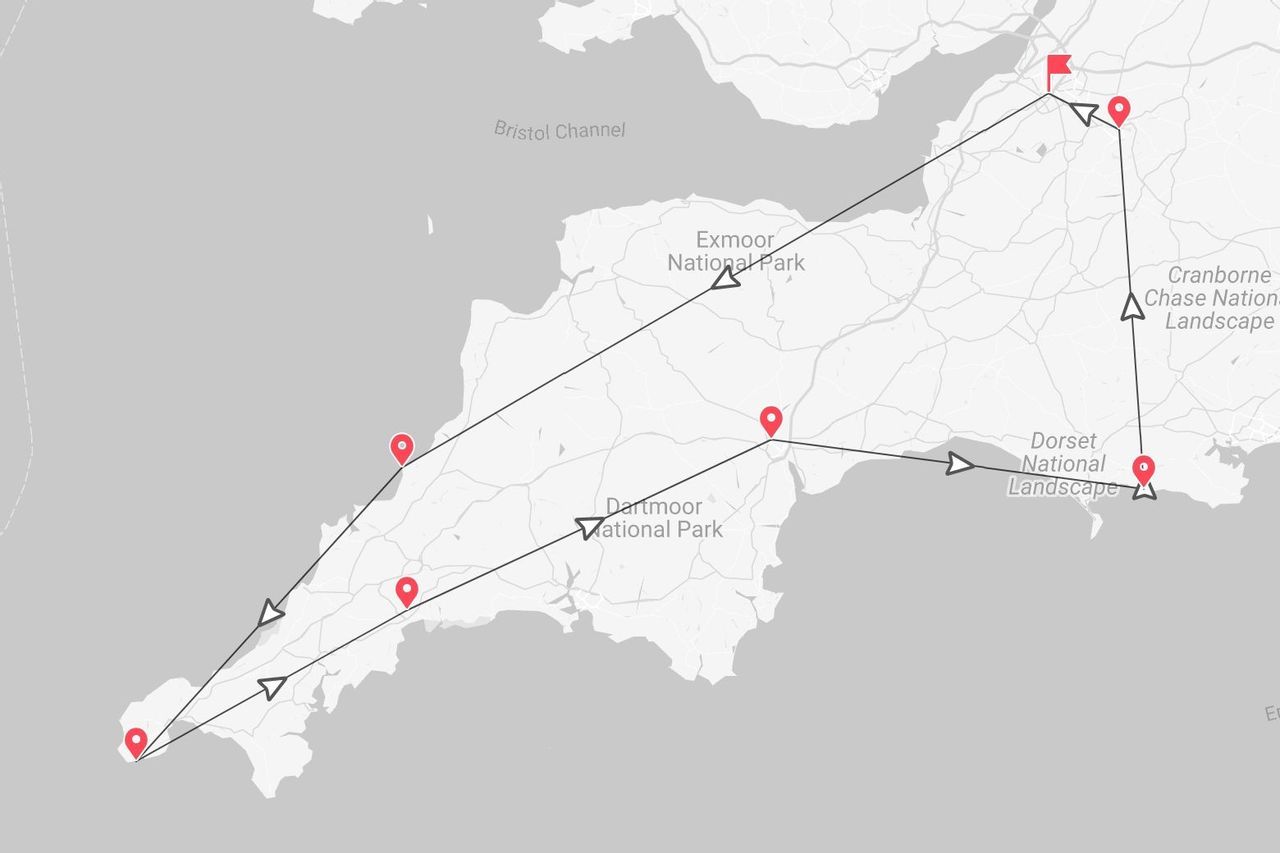 Mappa del Sud Ovest dell'Inghilterra con un itinerario di viaggio attraverso i Parchi Nazionali di Exmoor, Dartmoor e il Dorset.