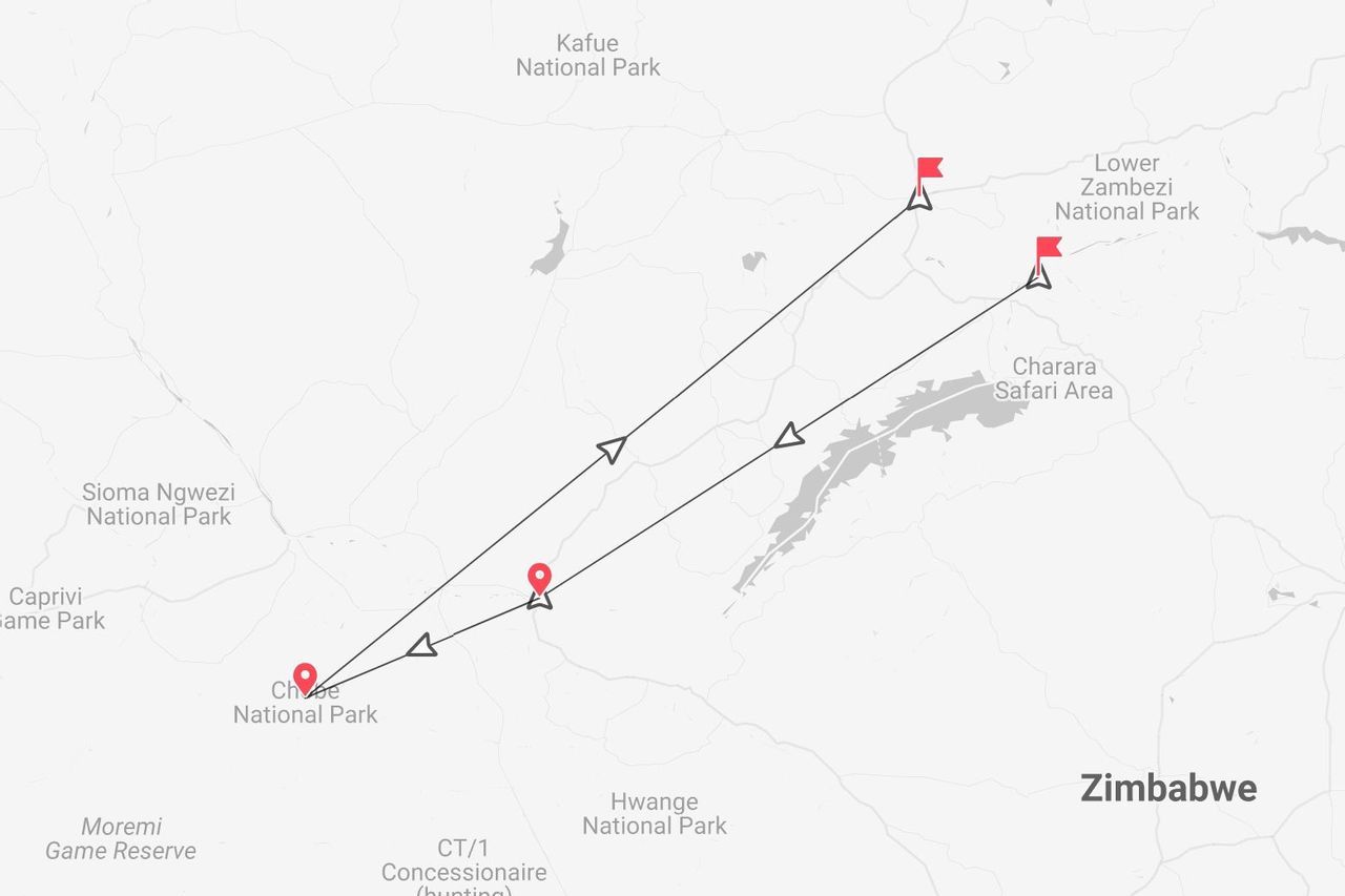 Una mappa che mostra un percorso di viaggio in Zimbabwe tra il Parco Nazionale Chobe e il Parco Nazionale Lower Zambezi.