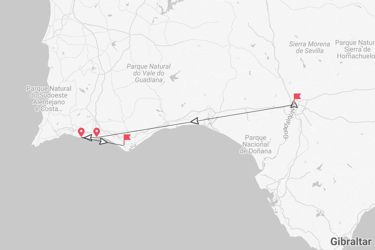 Una mappa del sud della Spagna e del Portogallo che mostra un itinerario di viaggio dall'entroterra, passando per il Parco Nazionale di Doñana e lungo la costa vicino al Parque Natural do Sudoeste Alentejano.