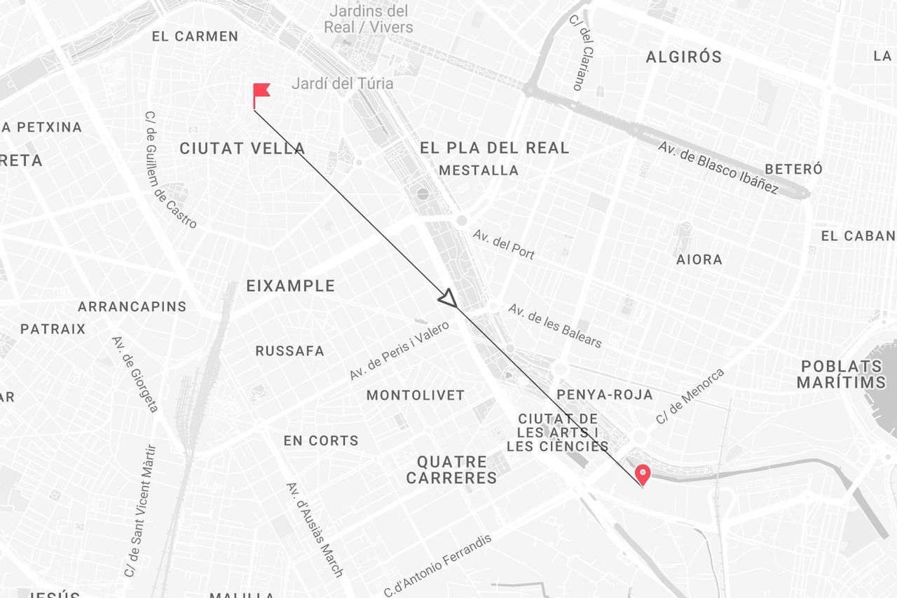 Una mappa che mostra un percorso a piedi dal quartiere Ciutat Vella alla Ciutat de les Arts i les Ciències.