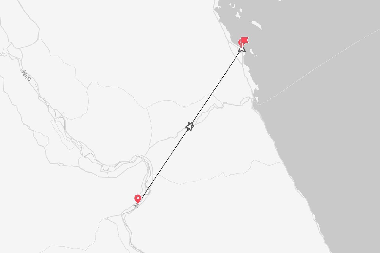 Una mappa stilizzata che mostra un itinerario di viaggio da un punto sul fiume Nilo a una destinazione sulla costa.