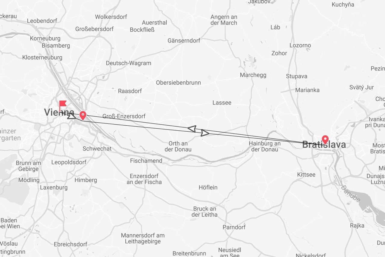 Mappa del percorso di viaggio tra Vienna e Bratislava.