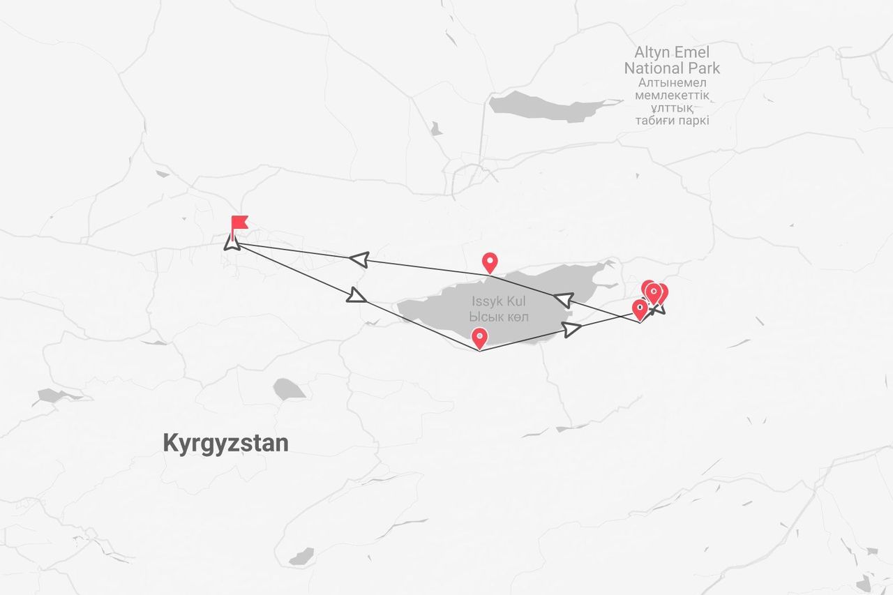 Una mappa di un itinerario di viaggio in Kirghizistan, che mostra un percorso che circonda il lago Issyk Kul.