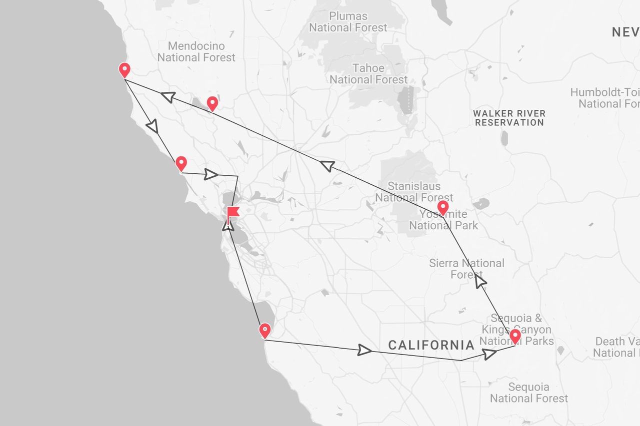 Mappa della California con itinerario di viaggio: Yosemite, Sequoia e Kings Canyon.