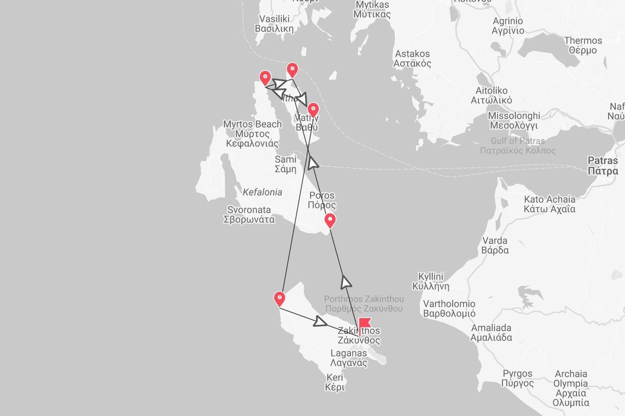 Una mappa di un itinerario di viaggio in Grecia, che mostra un percorso che collega le isole di Cefalonia e Zante.
