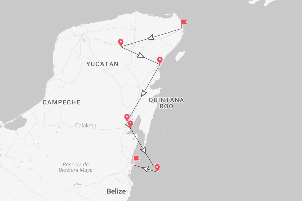 Una mappa di un itinerario di viaggio attraverso la penisola dello Yucatan in Messico, che mostra le tappe negli stati di Yucatan, Campeche e Quintana Roo.