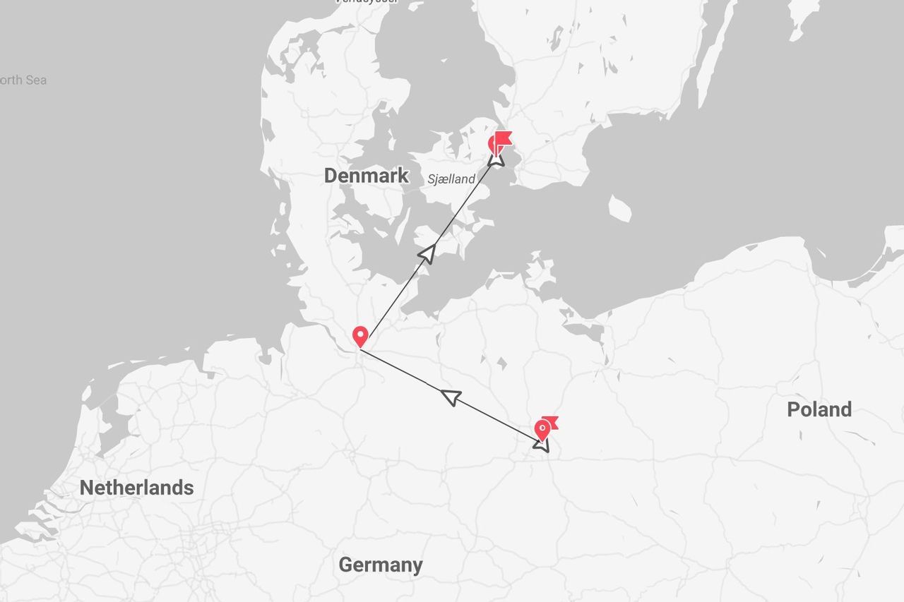 Una mappa di un itinerario di viaggio che parte dalla Germania settentrionale, prosegue fino a Sjælland in Danimarca e si conclude nella Germania orientale.