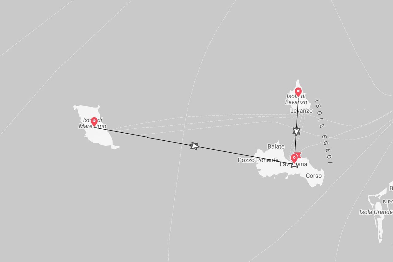 Una mappa delle Isole Egadi con un itinerario di viaggio che collega Favignana, Levanzo e Marettimo.