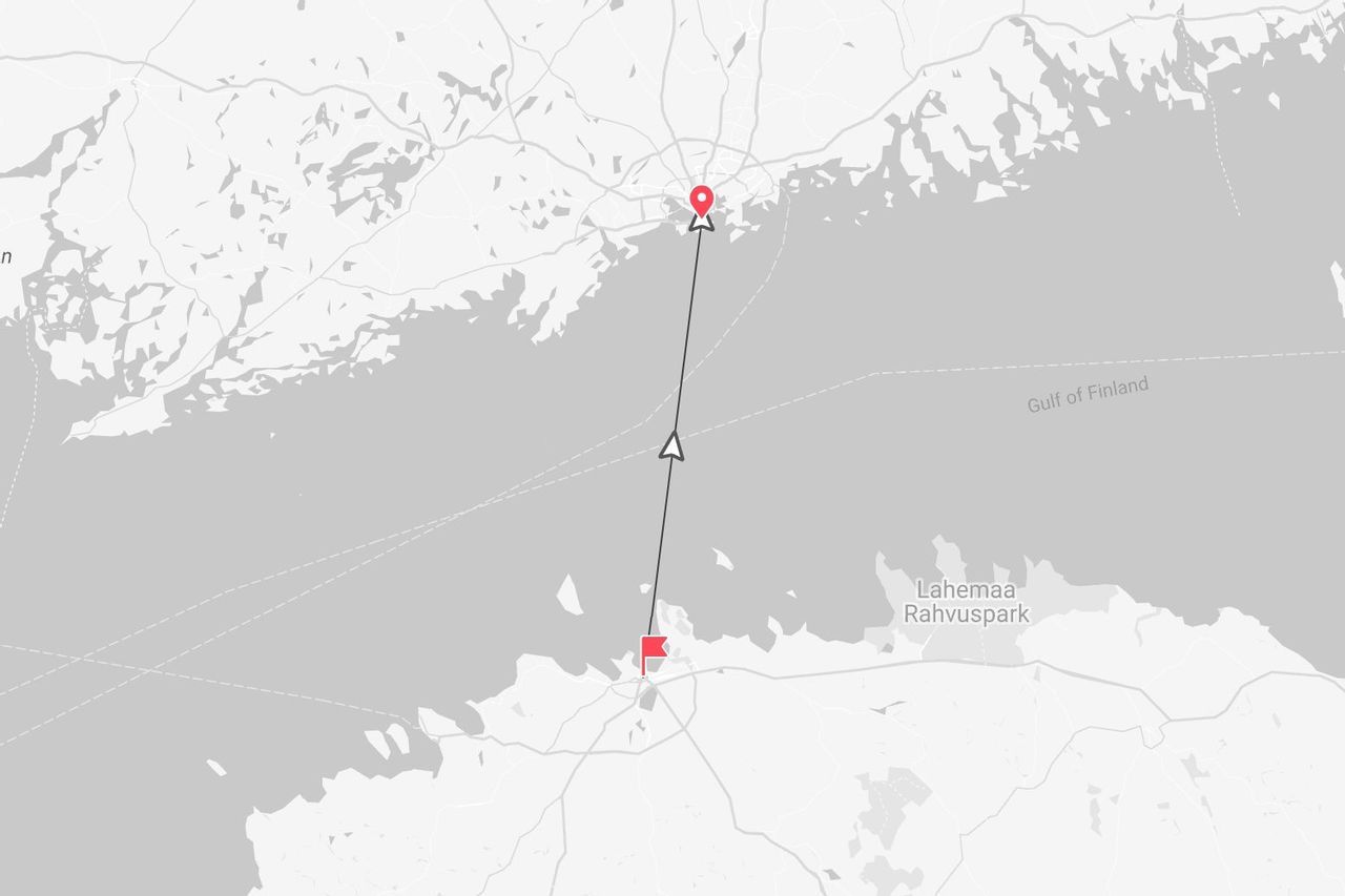 Mappa del percorso di viaggio attraverso il Golfo di Finlandia, con partenza nei pressi del Parco Nazionale Lahemaa.