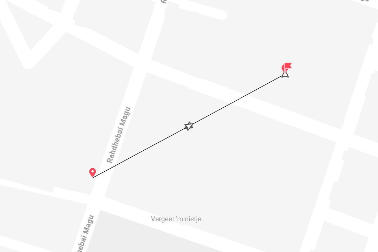 Una mappa digitale che mostra un itinerario che inizia in via Rahdhebai Magu, contrassegnato da un segnaposto di inizio, un punto tappa e una bandiera di destinazione.