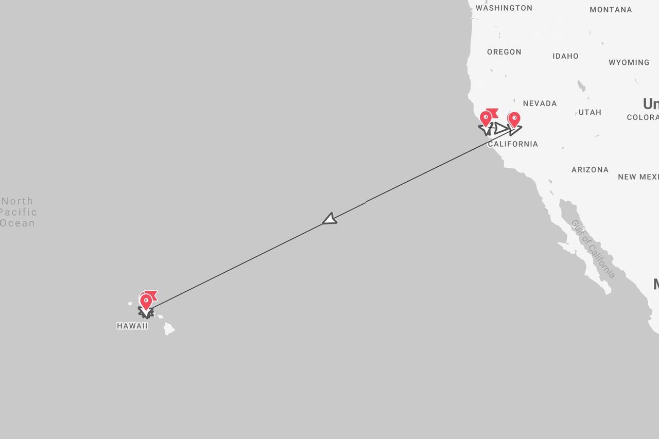 Un'illustrazione cartografica di una rotta di volo che collega la California alle Hawaii con indicatori di posizione.
