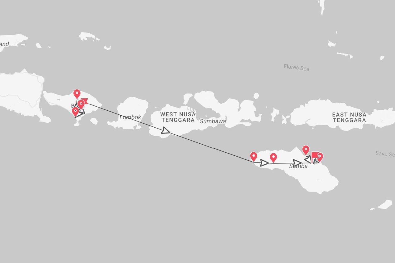 Una mappa che mostra un itinerario di viaggio da Bali, attraversando Lombok e Sumbawa, fino all'isola di Sumba in Indonesia.