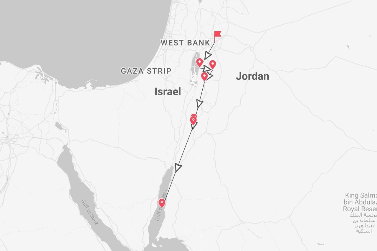 Una mappa che mostra un itinerario di viaggio attraverso Israele e Giordania, con più punti di interesse lungo il percorso dalla Cisgiordania a sud fino al Golfo di Aqaba.