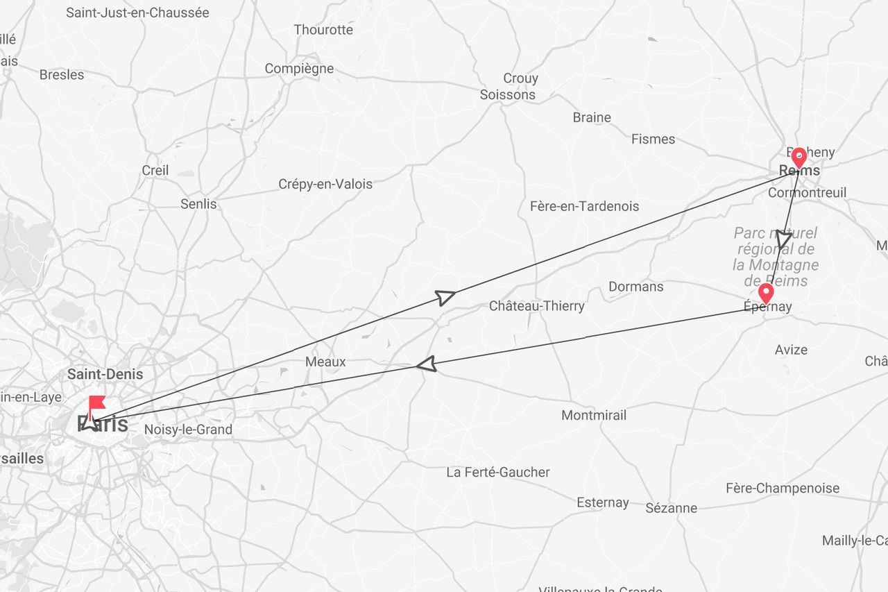 Una mappa che mostra un itinerario di viaggio in Francia, partendo da Parigi con tappe a Reims ed Épernay.