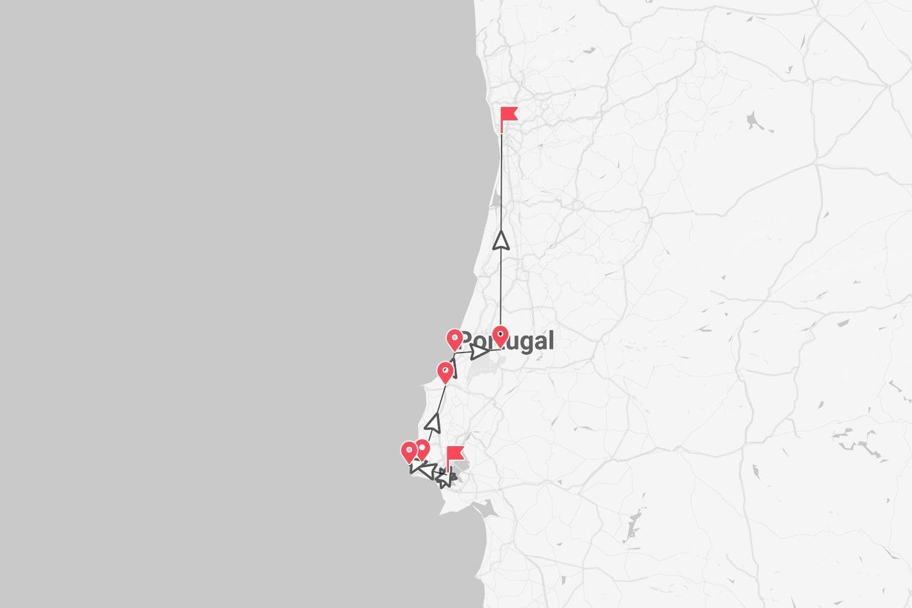 Una mappa del Portogallo che mostra un itinerario di viaggio lungo la costa, contrassegnato da puntine rosse e una linea nera.