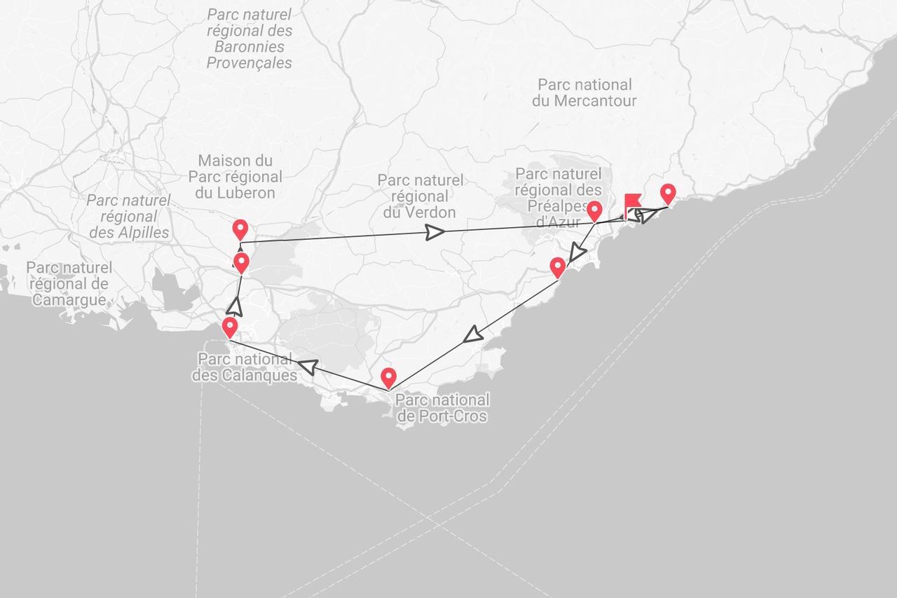 Mappa di un itinerario di viaggio attraverso i parchi nazionali e regionali della Francia meridionale, inclusi il Parco nazionale delle Calanques e il Parco naturale regionale del Verdon.