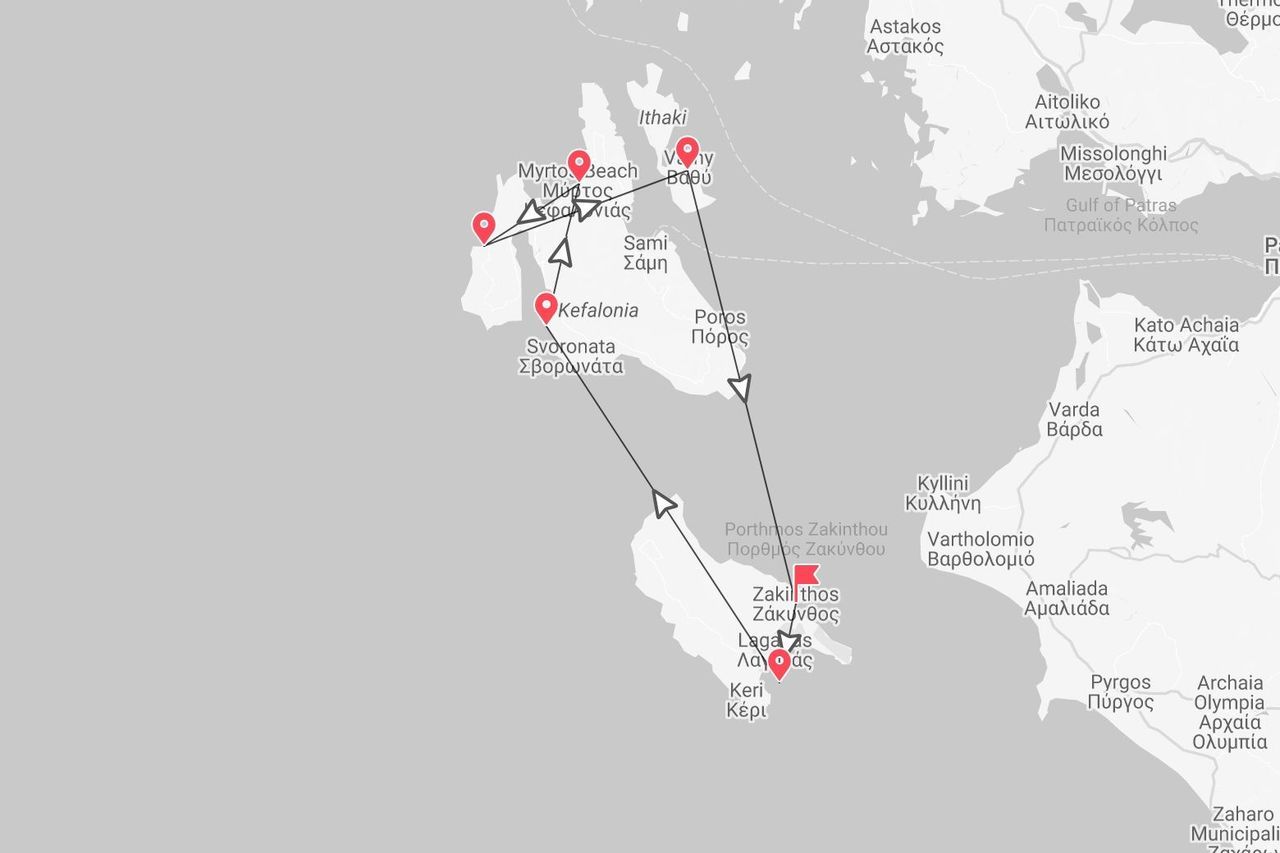 Una mappa che mostra un itinerario di viaggio intorno alle isole greche di Cefalonia e Zante, con il percorso segnato da linee e segnaposto.