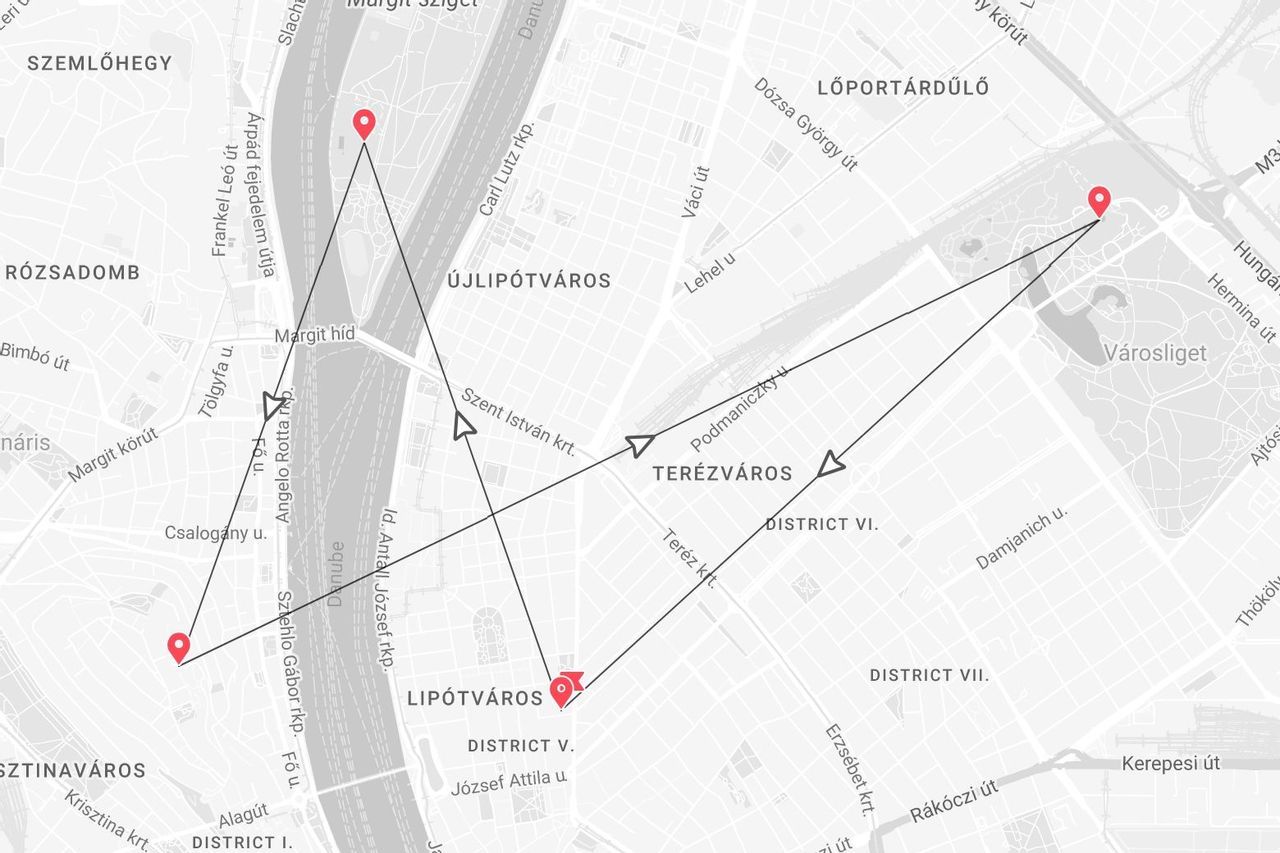 Una mappa in scala di grigi di Budapest che mostra un percorso con puntine rosse che collegano vari quartieri della città, tra cui Lipótváros, Terézváros e Városliget.