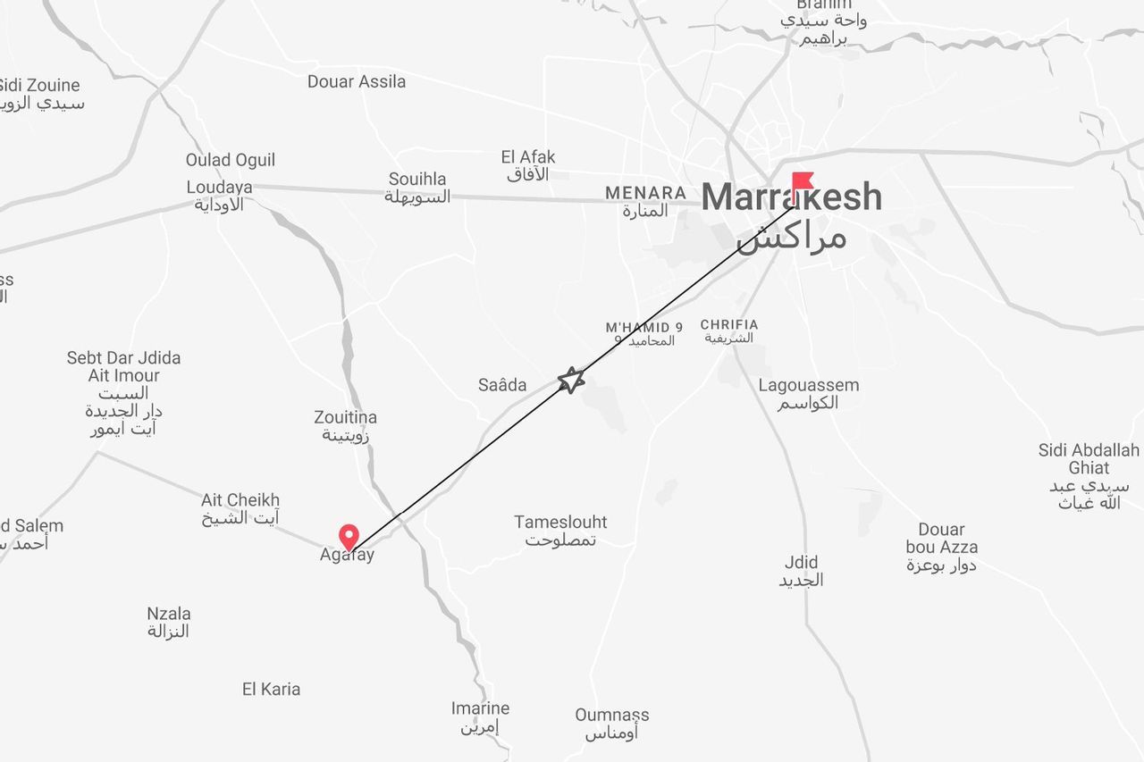Mappa del percorso tra Marrakech e Agafay, Marocco.