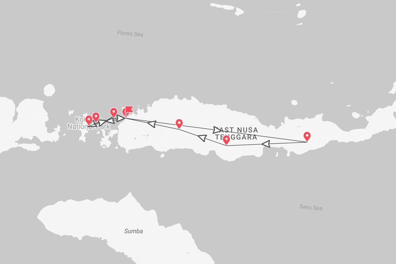 Una mappa che mostra un itinerario attraverso il Parco Nazionale di Komodo e Nusa Tenggara Orientale, tra il Mare di Flores e il Mare di Savu.