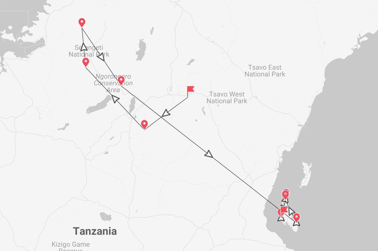 Mappa di un itinerario di viaggio in Tanzania, dal Parco Nazionale del Serengeti e dall'Area di Conservazione di Ngorongoro fino a un'isola al largo della costa.