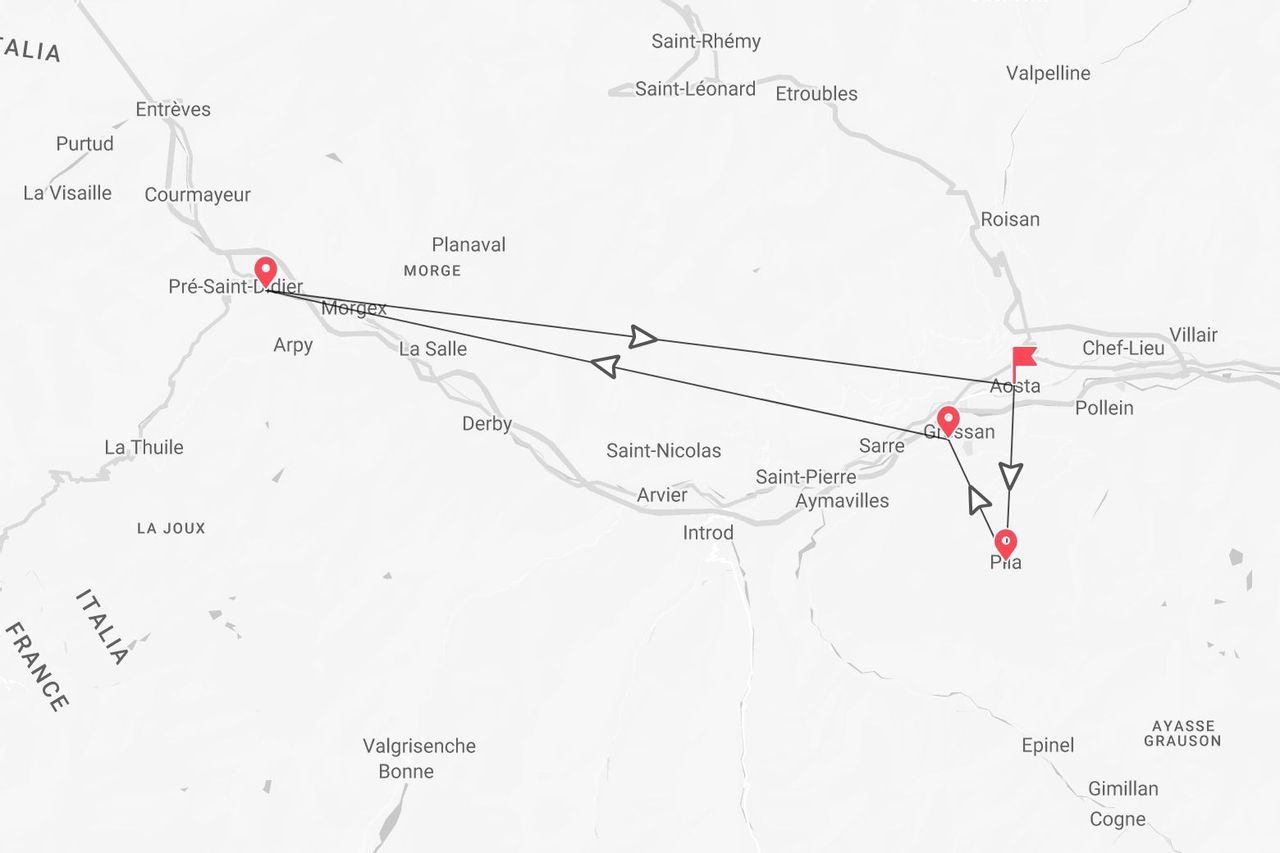 Mappa di un itinerario in Italia, che mostra un percorso da Pré-Saint-Didier ad Aosta, Gressan e Pila nella Valle d'Aosta.