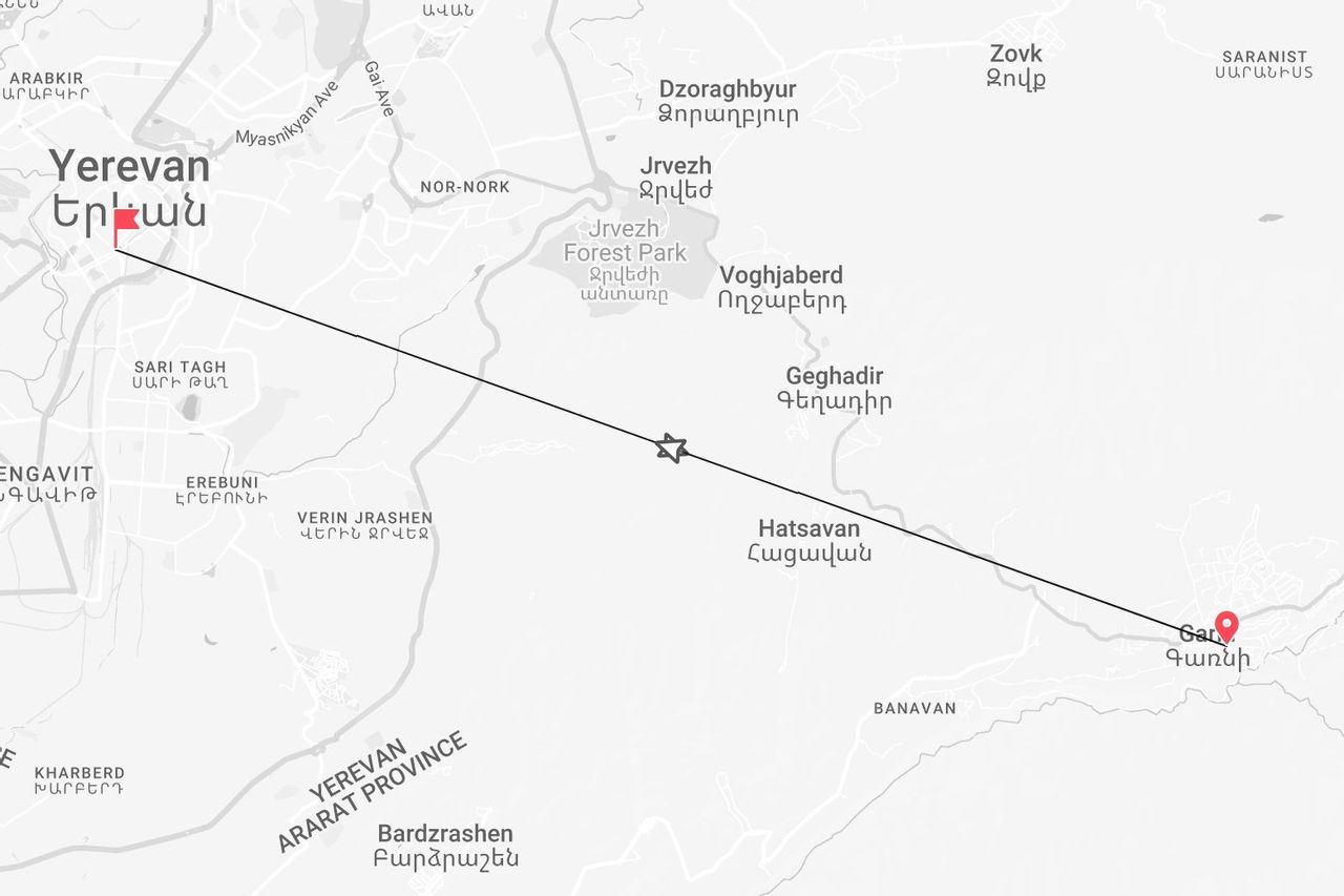Mappa del percorso di viaggio da Yerevan a Garni in Armenia