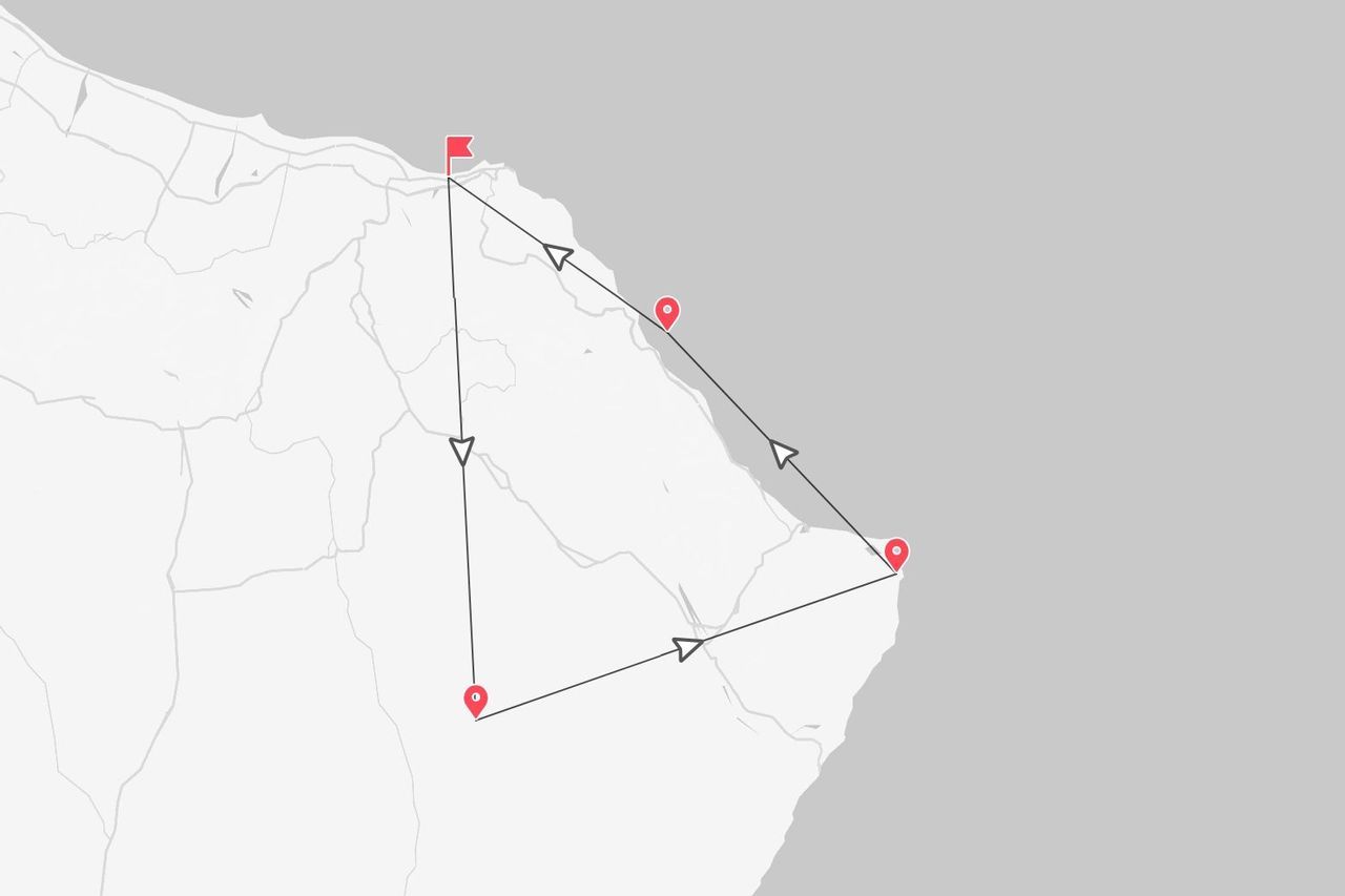 Una mappa stilizzata che mostra un itinerario di viaggio lungo una costa, contrassegnata da una linea, frecce e segnaposto rossi.
