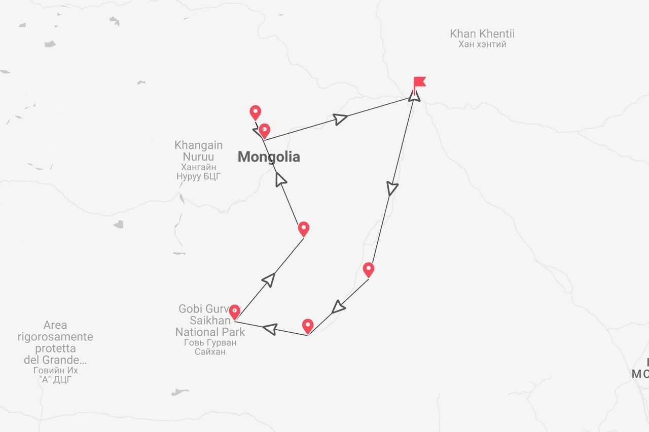 Una mappa che mostra un itinerario di viaggio in Mongolia, con tappe al Parco Nazionale Gobi Gurvan Saikhan e Khangain Nuruu.
