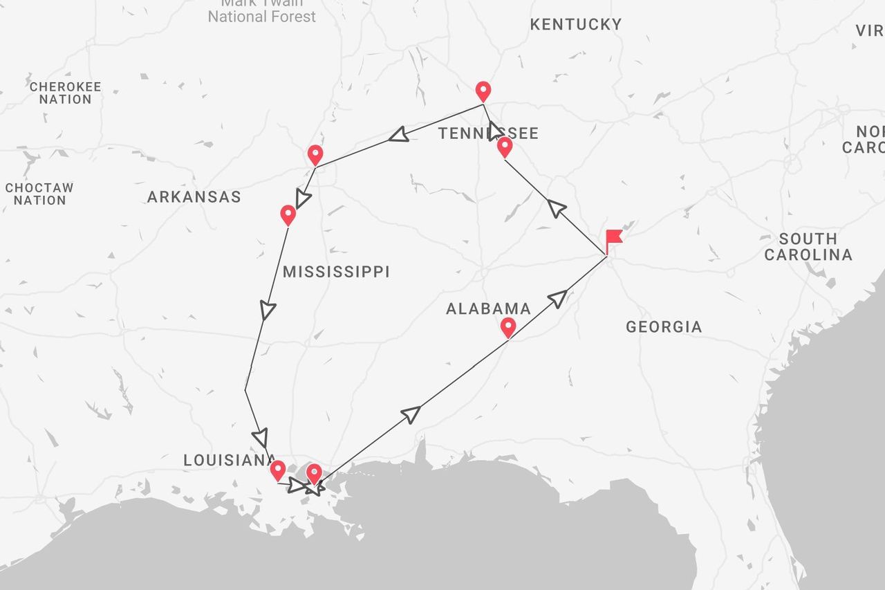 Mappa di un itinerario di viaggio negli stati sudorientali degli USA: Tennessee, Arkansas, Mississippi, Louisiana e Alabama.