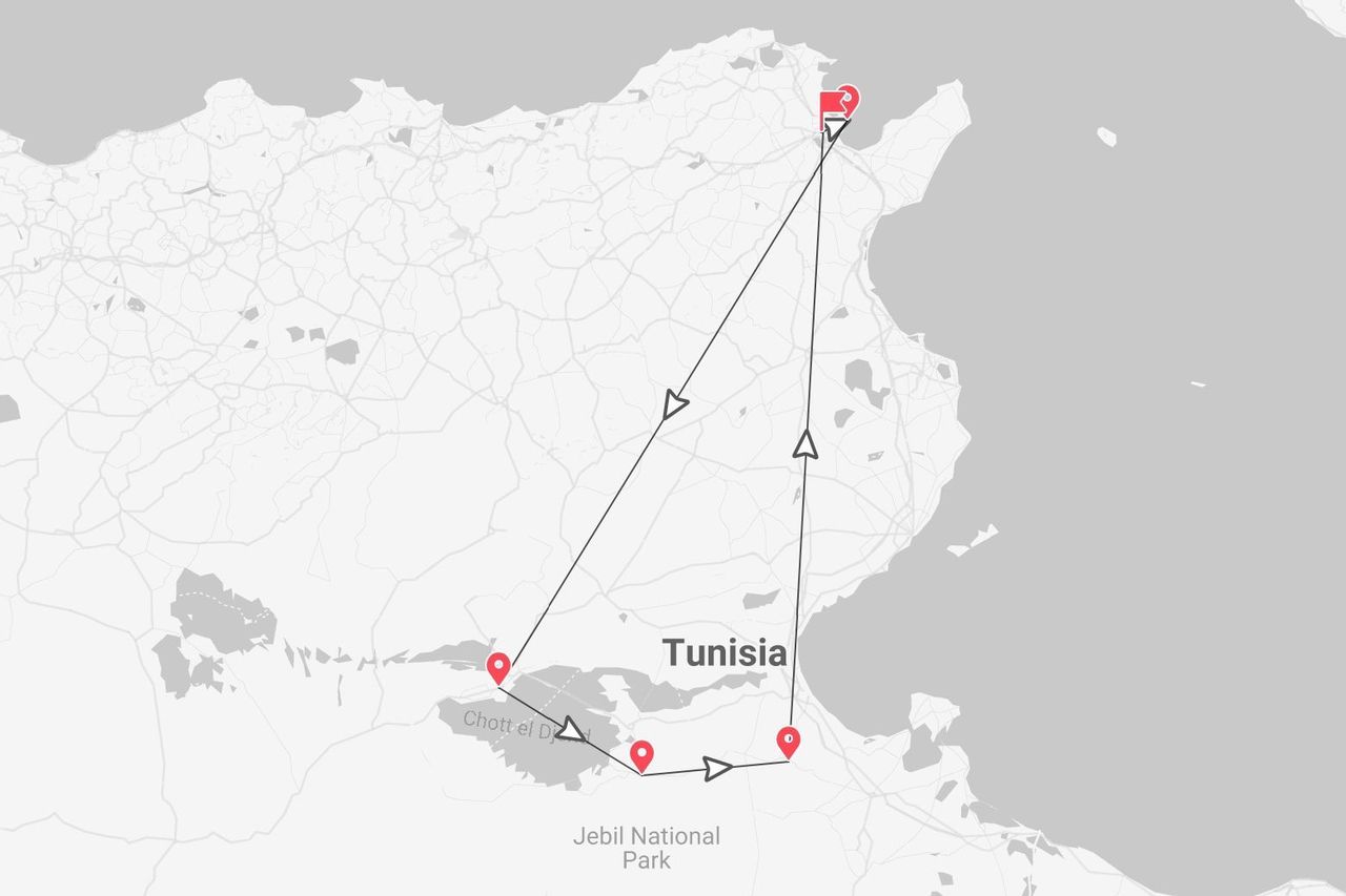Itinerario turistico della Tunisia su mappa, con tappe e indicazioni, attraverso Chott el Djerid.
