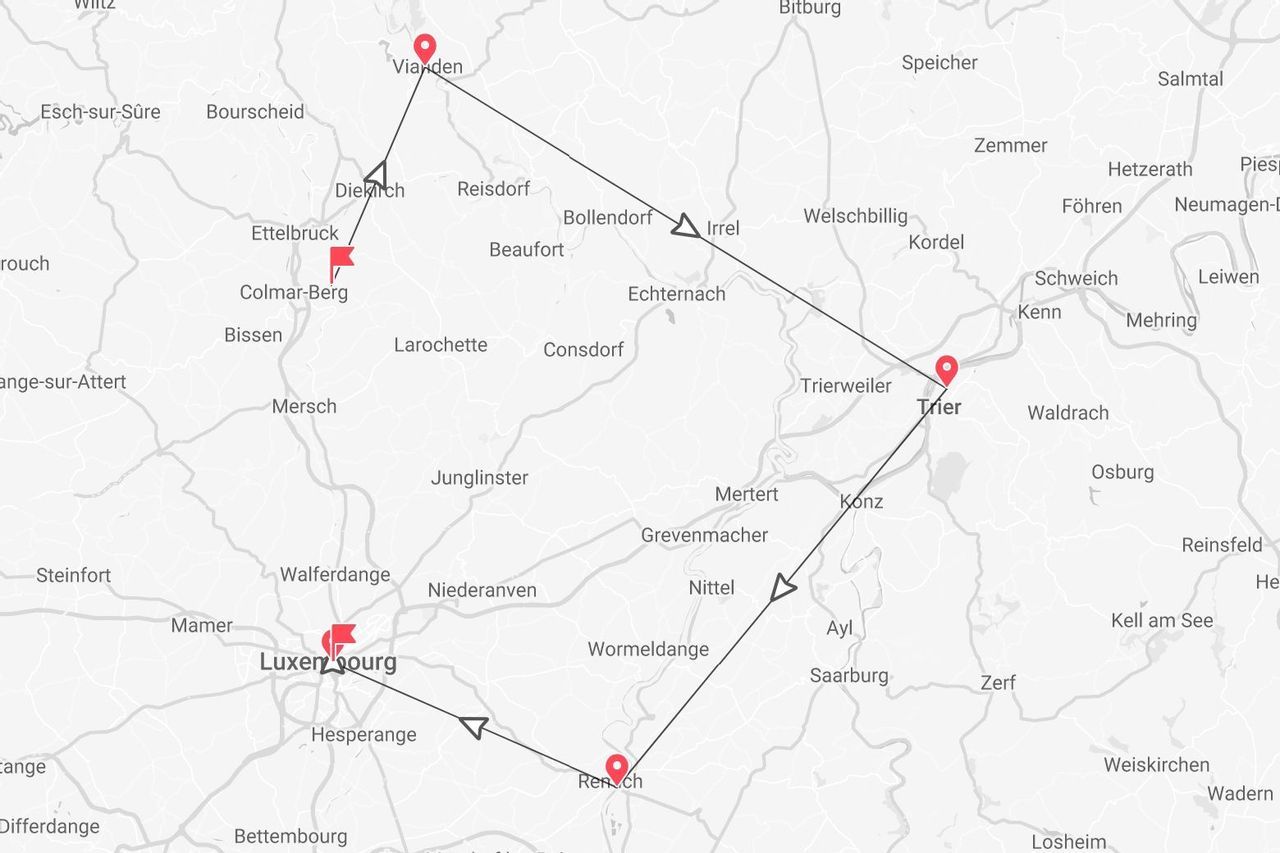 Mappa di un itinerario di viaggio attraverso Lussemburgo e Germania, che collega Vianden, Treviri, Remich e la Città di Lussemburgo.