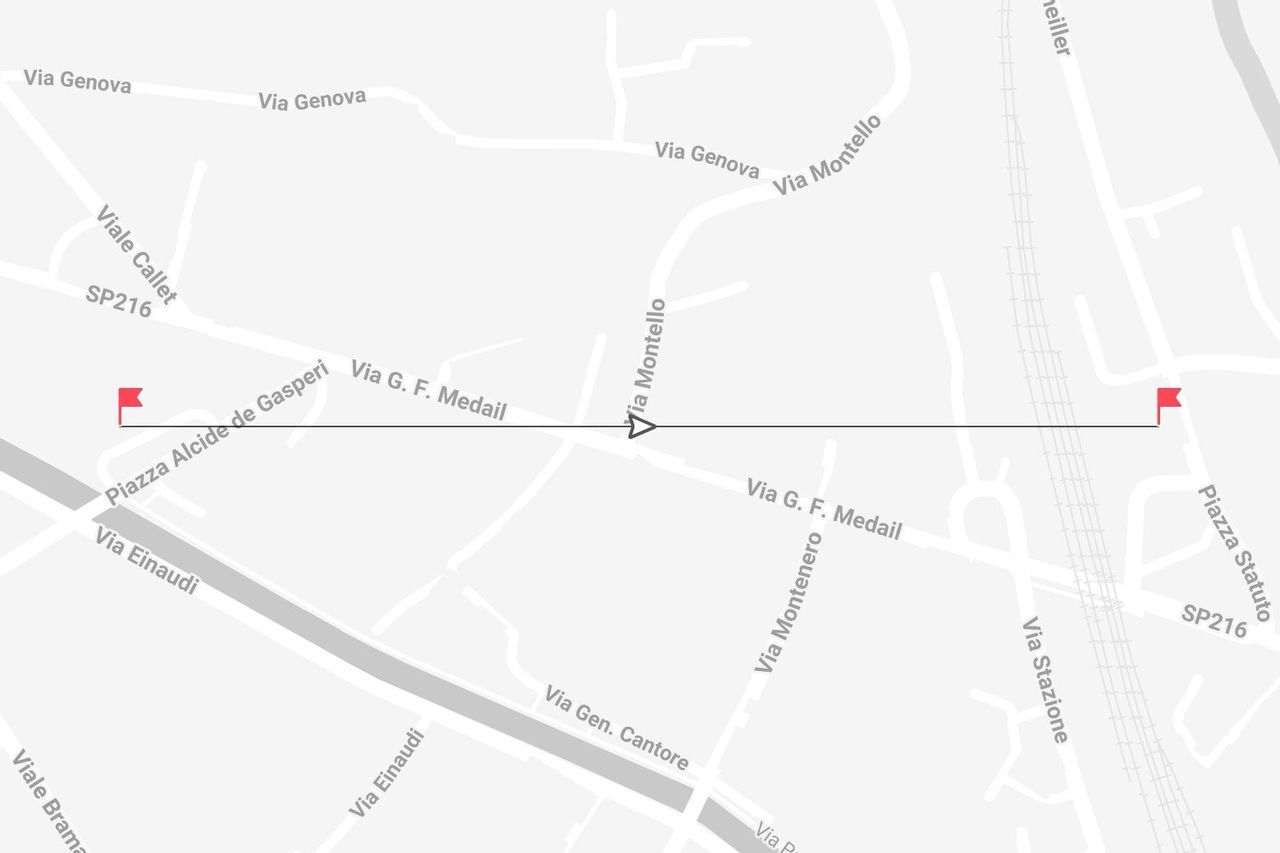 Mappa stradale che mostra un percorso lungo Via G. F. Medail, da Piazza Alcide de Gasperi a Piazza Statuto, attraversando i binari ferroviari.