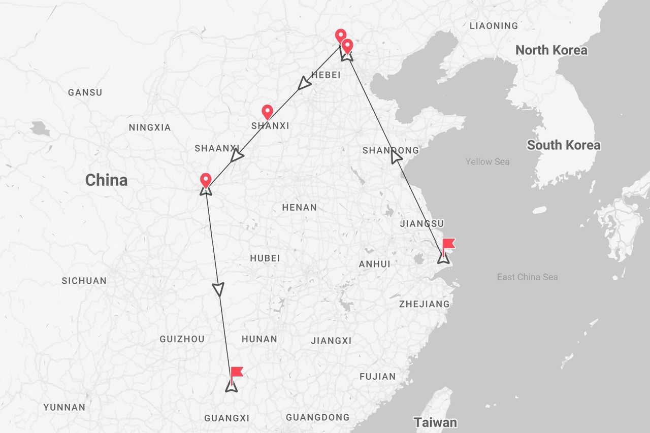 Una mappa della Cina che mostra un itinerario di viaggio con tappe a Shaanxi, Shanxi, Hebei, Shandong, Jiangsu e Guangxi.