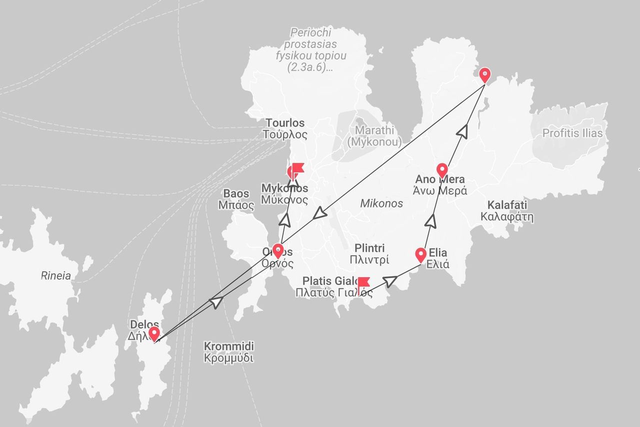 Mappa di un itinerario di viaggio tra le isole greche di Mykonos e Delos, con i luoghi principali e il percorso segnato.