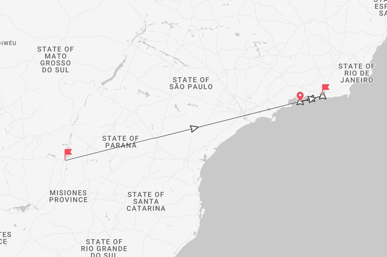 Una mappa che mostra un itinerario di viaggio dalla provincia di Misiones attraverso gli stati brasiliani del Paraná e di San Paolo fino a Rio de Janeiro.
