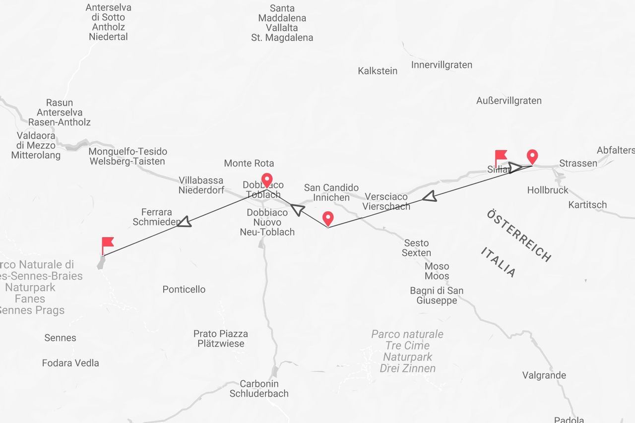 Mappa del percorso dal Parco Fanes-Sennes-Braies (Italia) a Sillian (Austria), passando per Dobbiaco e San Candido.