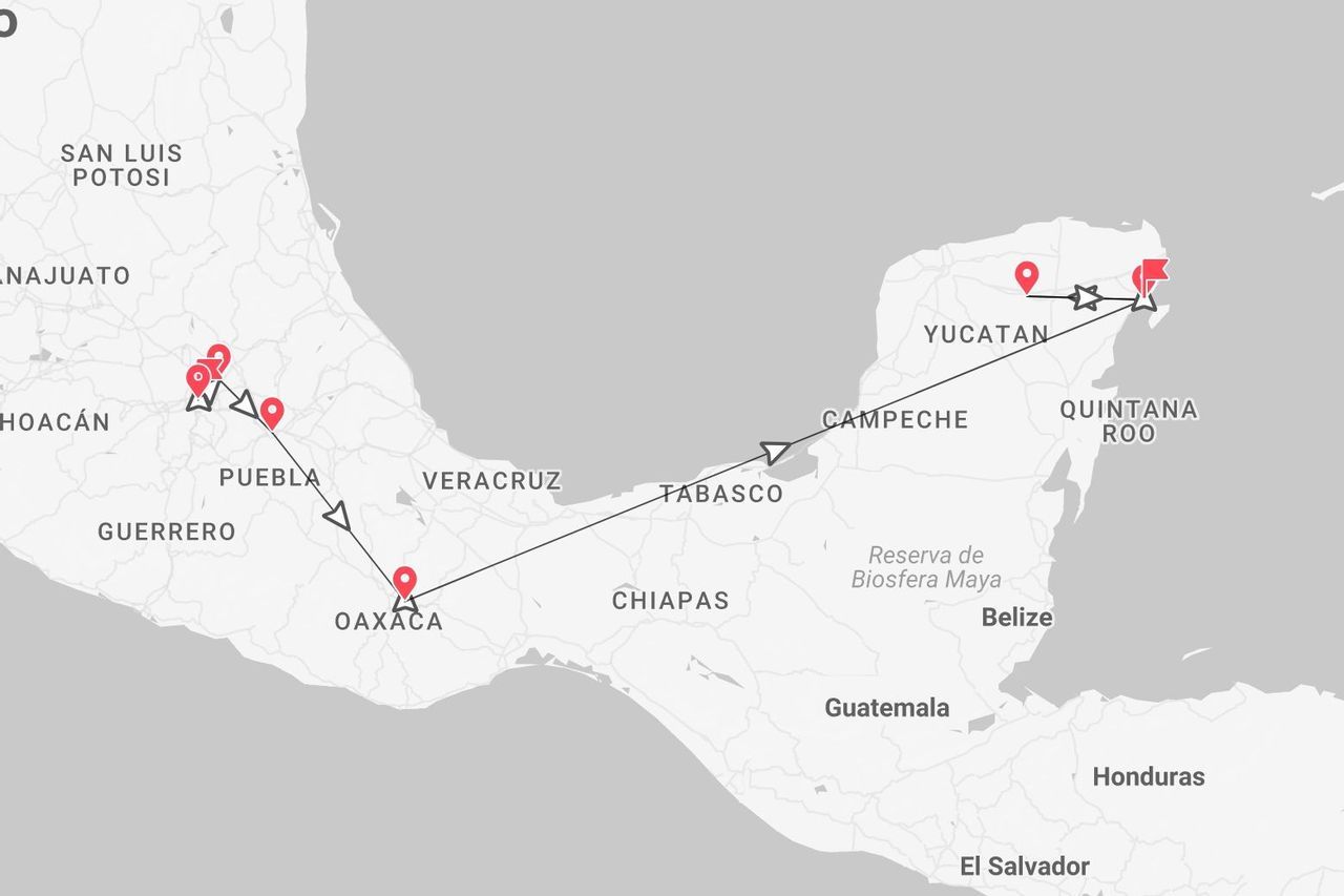 Una mappa di un itinerario di viaggio attraverso il Messico meridionale, che mostra un percorso attraverso gli stati di Puebla, Oaxaca, Campeche, Yucatan e Quintana Roo.