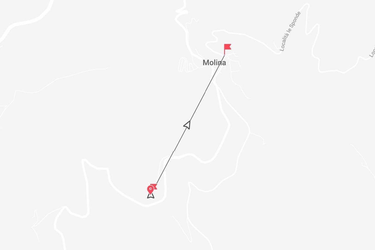 Mappa minimalista che mostra un percorso con un punto di partenza e un punto di arrivo segnato nella località di Molina.