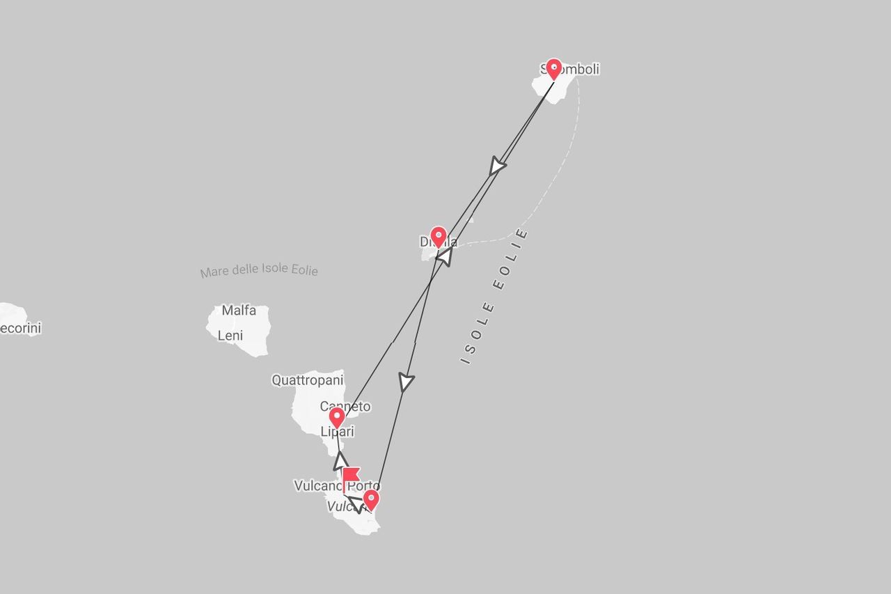 Una mappa che mostra un itinerario di viaggio tra le Isole Eolie, incluse Vulcano, Lipari e Stromboli.