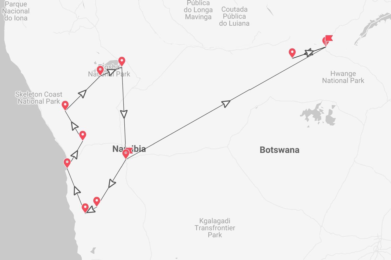 Una mappa che mostra un itinerario di viaggio attraverso la Namibia e il Botswana, passando per la Skeleton Coast, Etosha e i Parchi Nazionali Hwange.