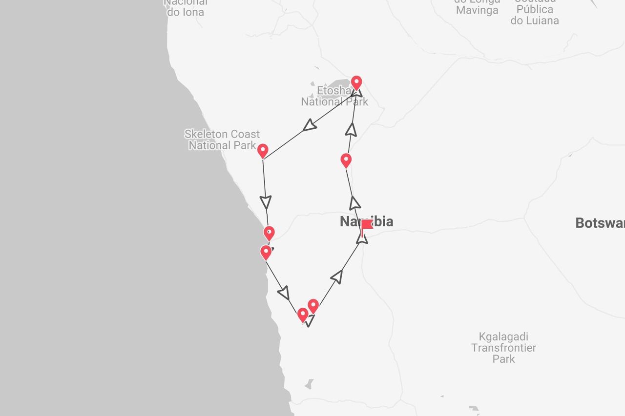 Mappa di un itinerario turistico in Namibia, con tappe al Parco Nazionale della Skeleton Coast e al Parco Nazionale di Etosha.
