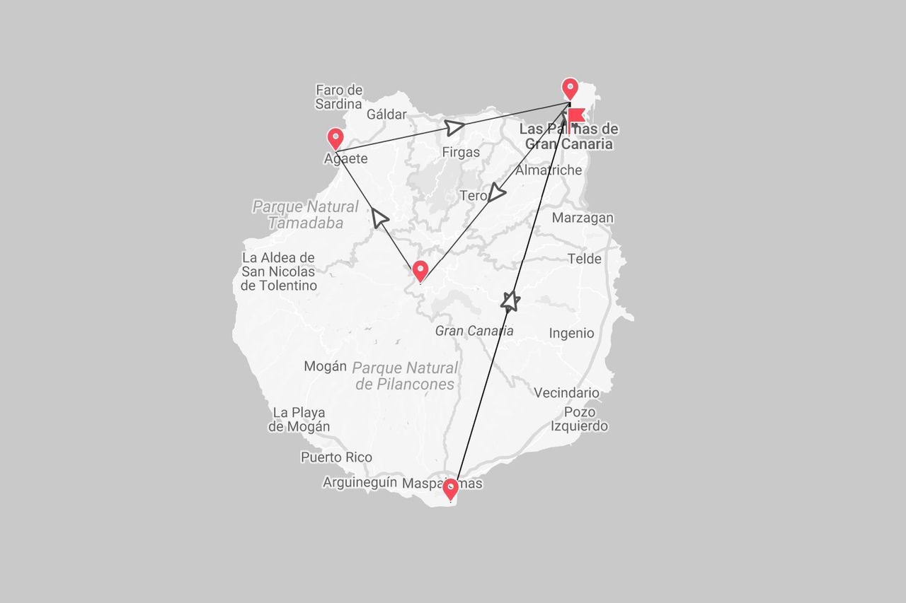 Una mappa di Gran Canaria con un itinerario di viaggio segnato che collega Las Palmas, Agaete e Maspalomas.