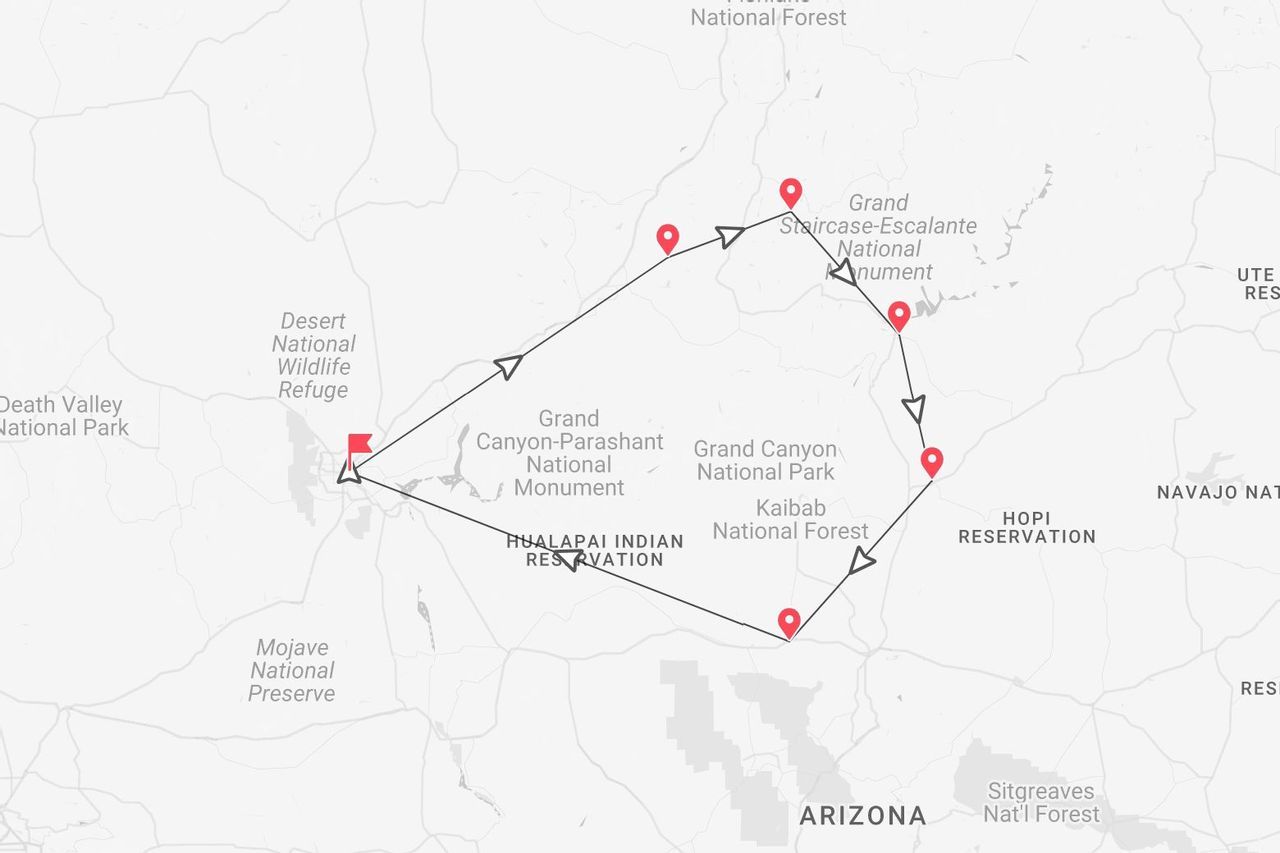 Mappa di un itinerario che mostra un percorso attraverso il Parco Nazionale del Grand Canyon, il Monumento Nazionale Grand Staircase-Escalante e l'Arizona.