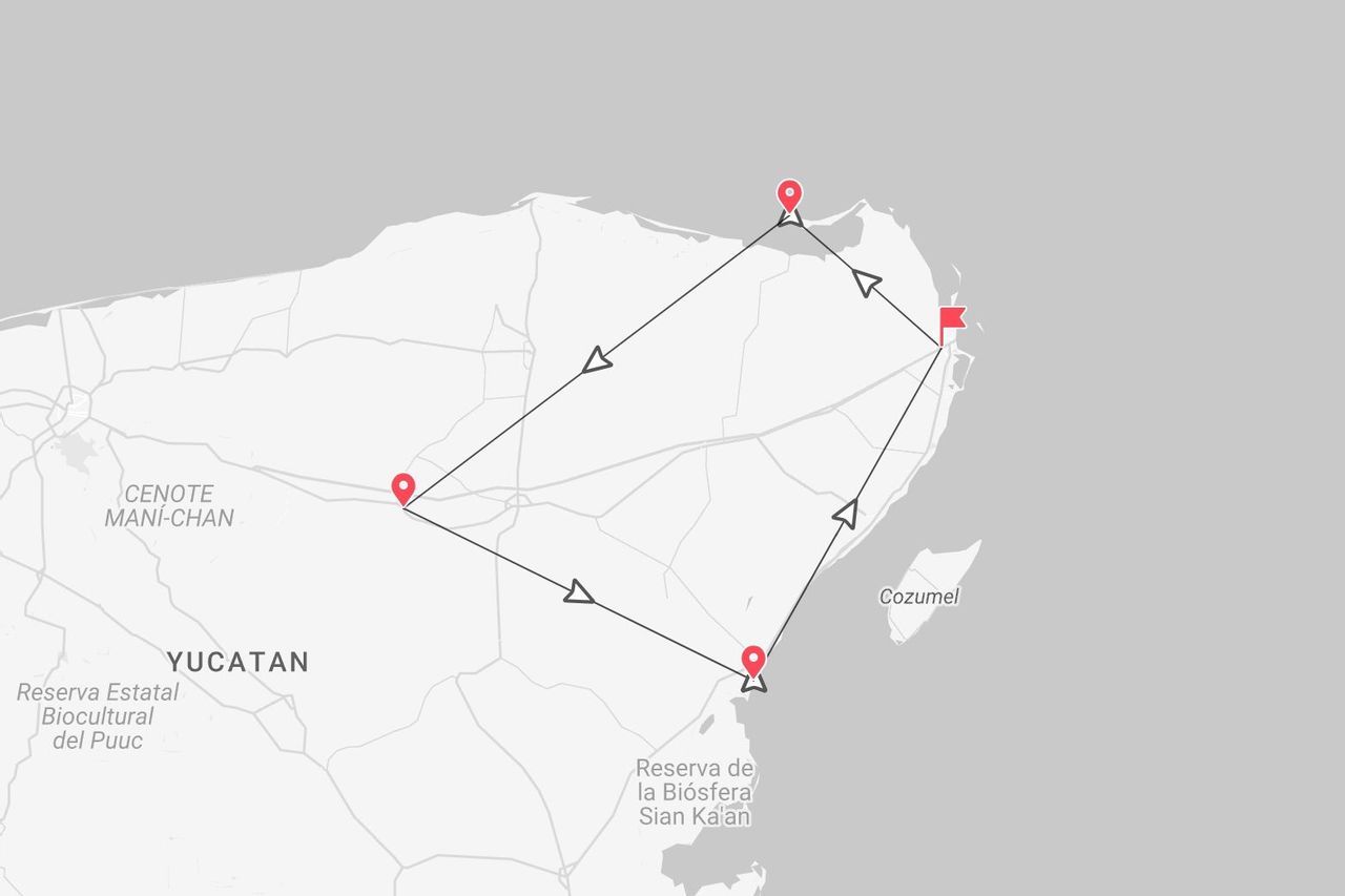Mappa dell'itinerario di viaggio nella penisola dello Yucatan in Messico, con le tappe principali indicate da puntine rosse.